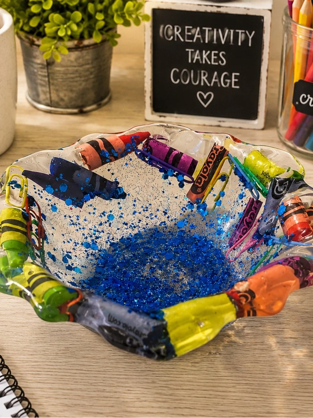 Hand-Blown Multicolor Crayon-Edged  Decorative Bowl - Blue Interior